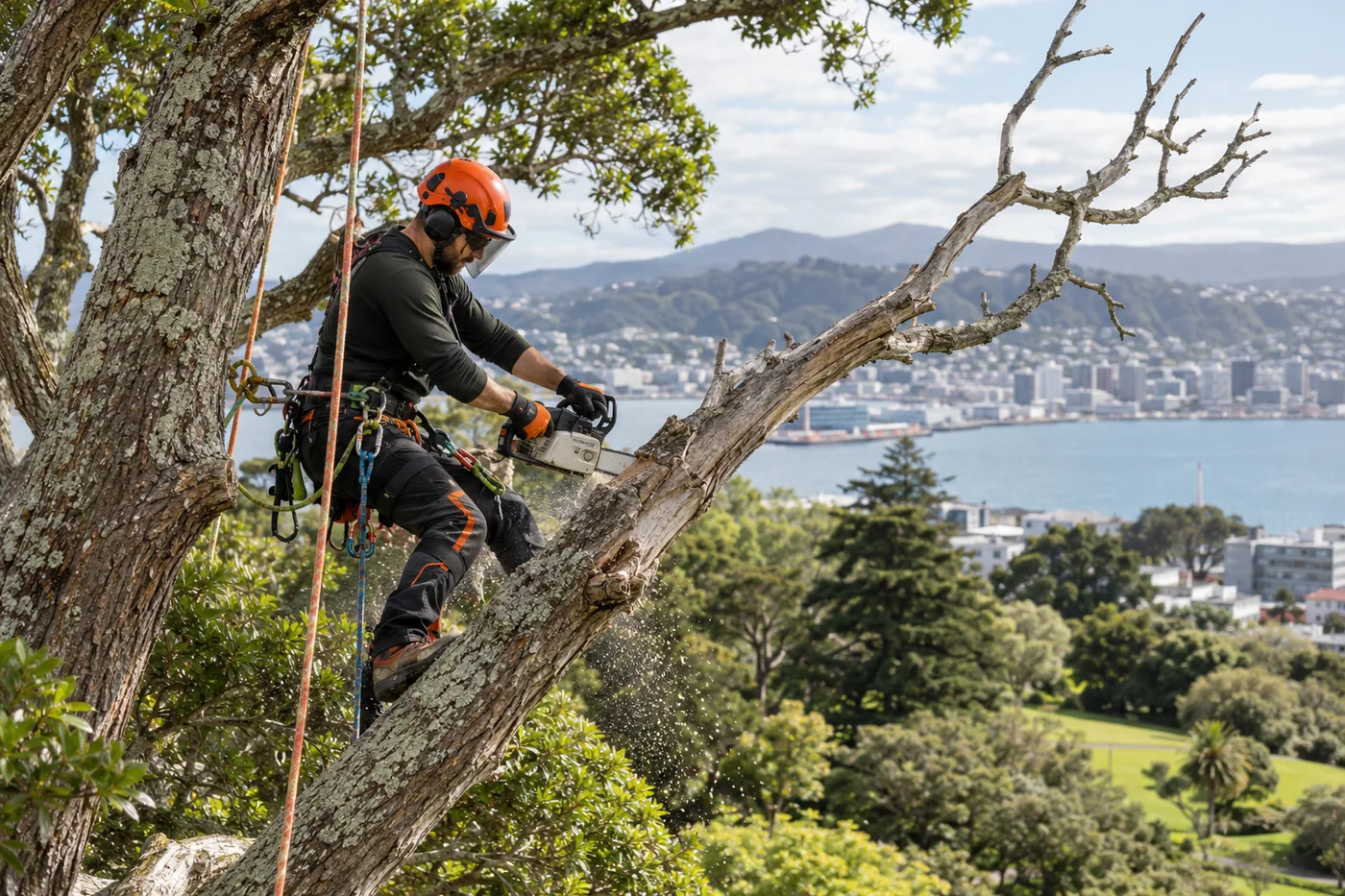 Arborist cutting dead branches from a tree