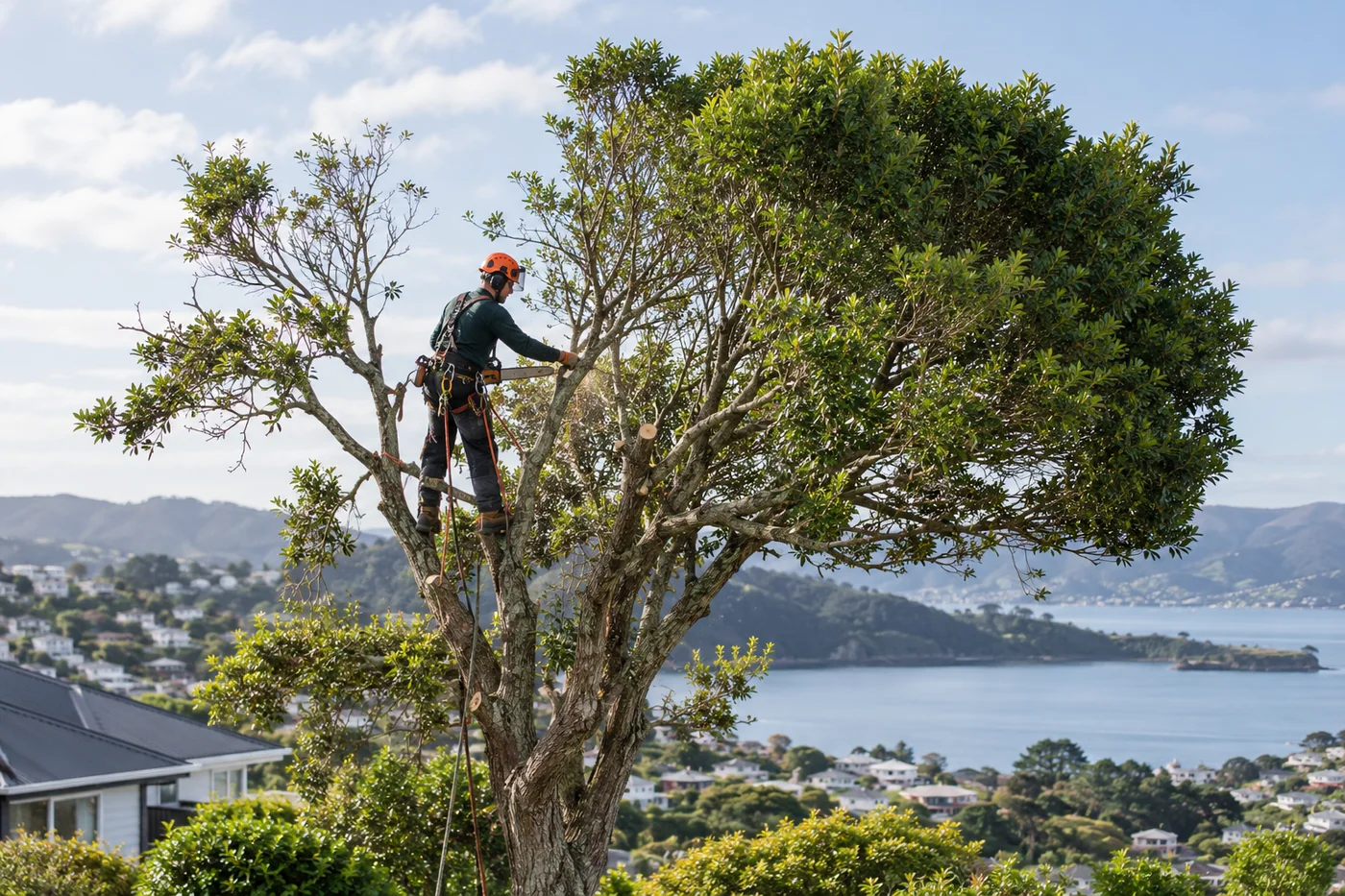 Arborist trimming a tree canopy